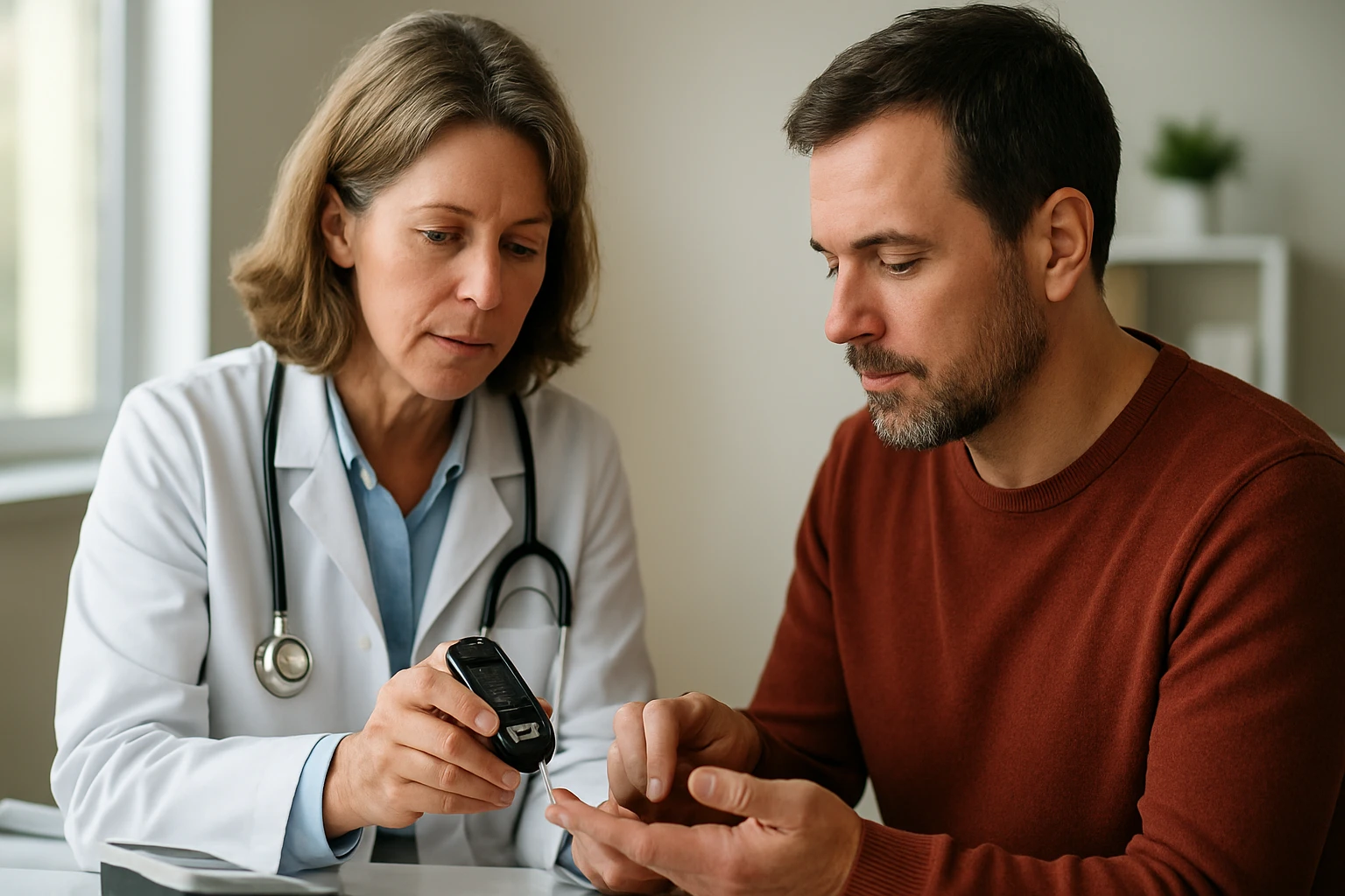 Lekárka vysvetľuje pacientovi monitorovanie cukru pri cukrovke.