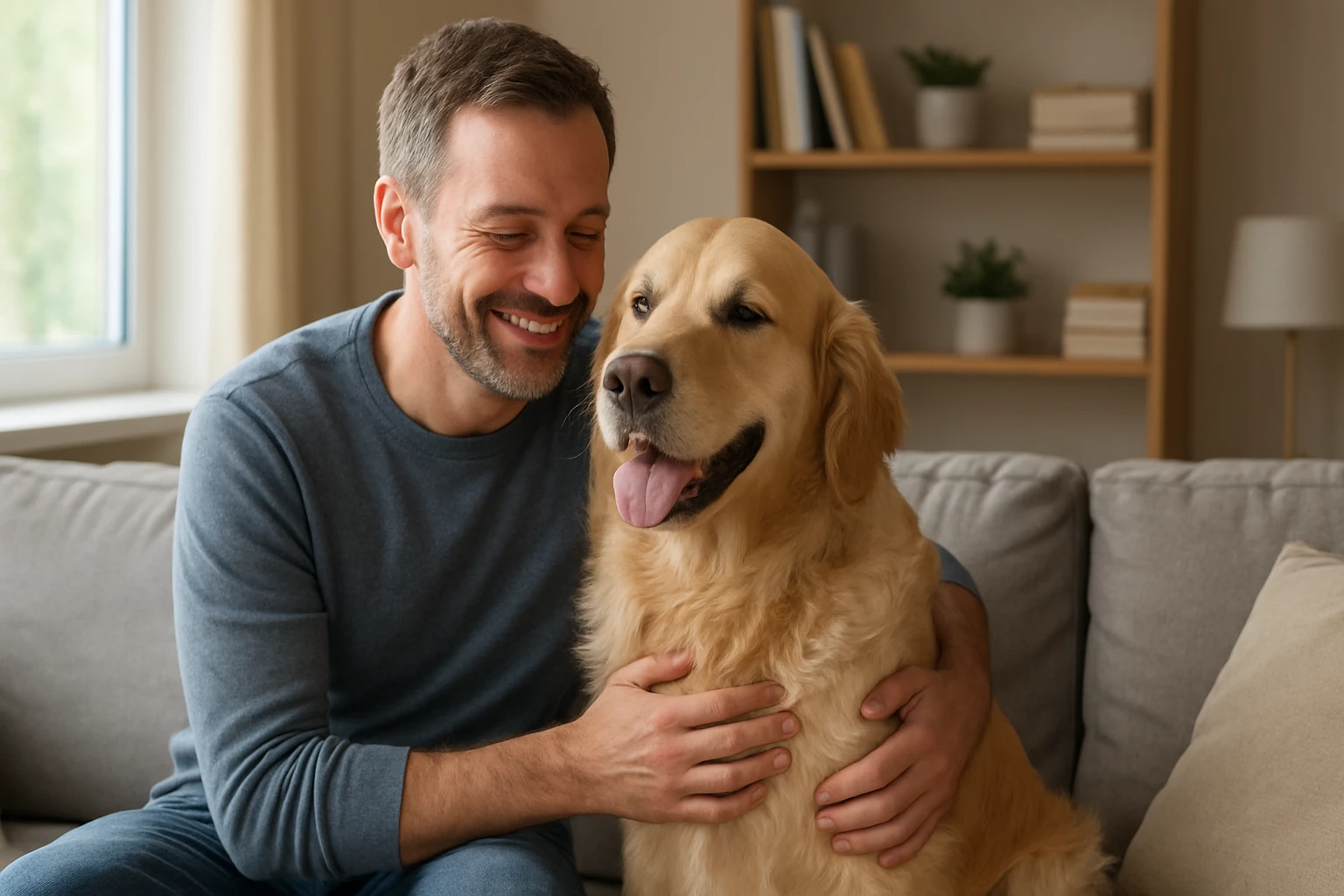 Muž sa usmieva a hladká svojho zlatého retrievera na sedačke.