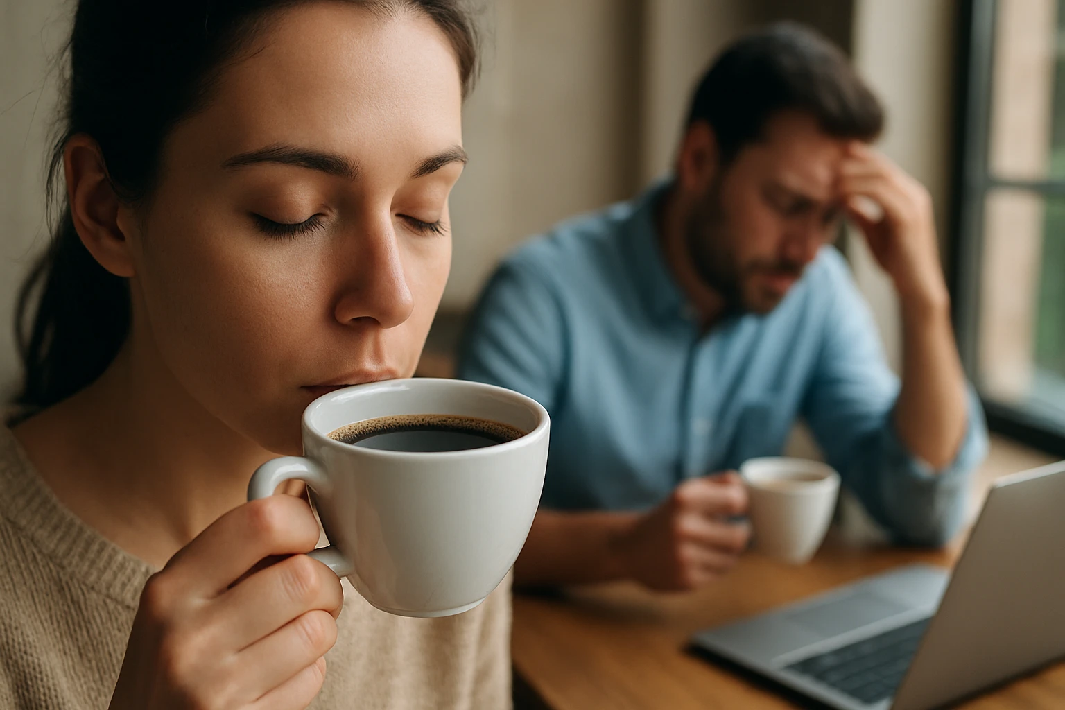Žena s kávou a muž so stresom sedí pri stole.