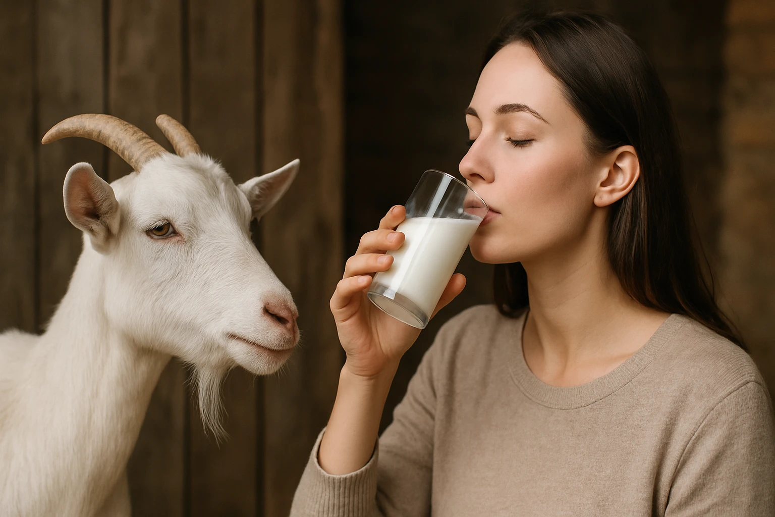 Žena pijúca kozie mlieko s kozou v pozadí