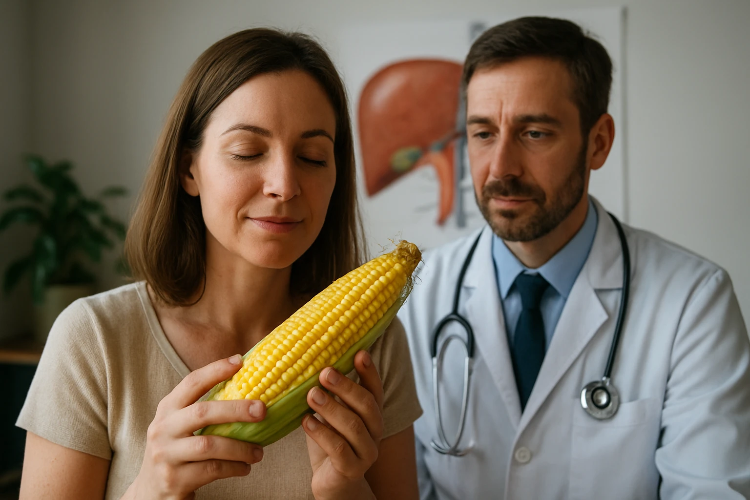 Žena s kukuricou a lekár v pozadí na diskusii o zdraví pečene.