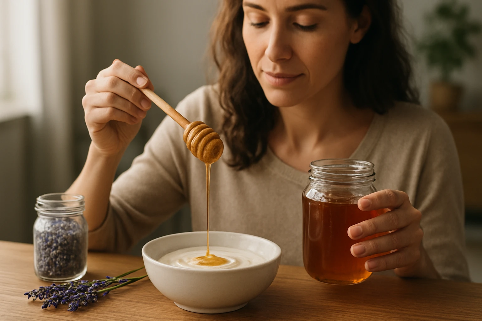 Žena používajúca levanduľový med v kuchyni.