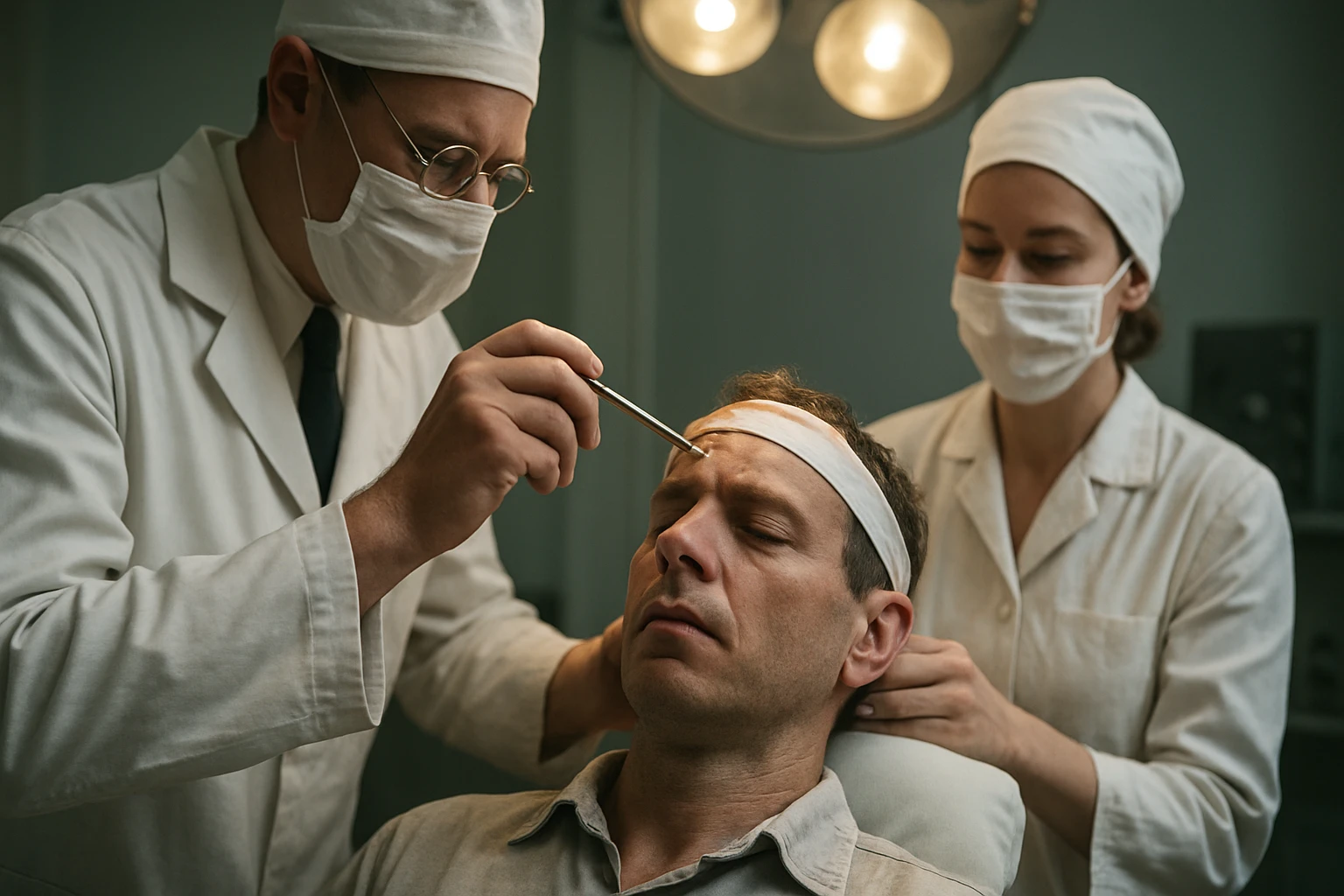 Lekárska procedúra lobotómie s pacientom v psychiatrickej nemocnici.