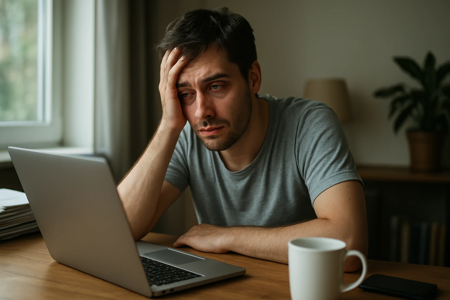 Unavený muž pri počítači, trpiaci nedostatkom spánku.