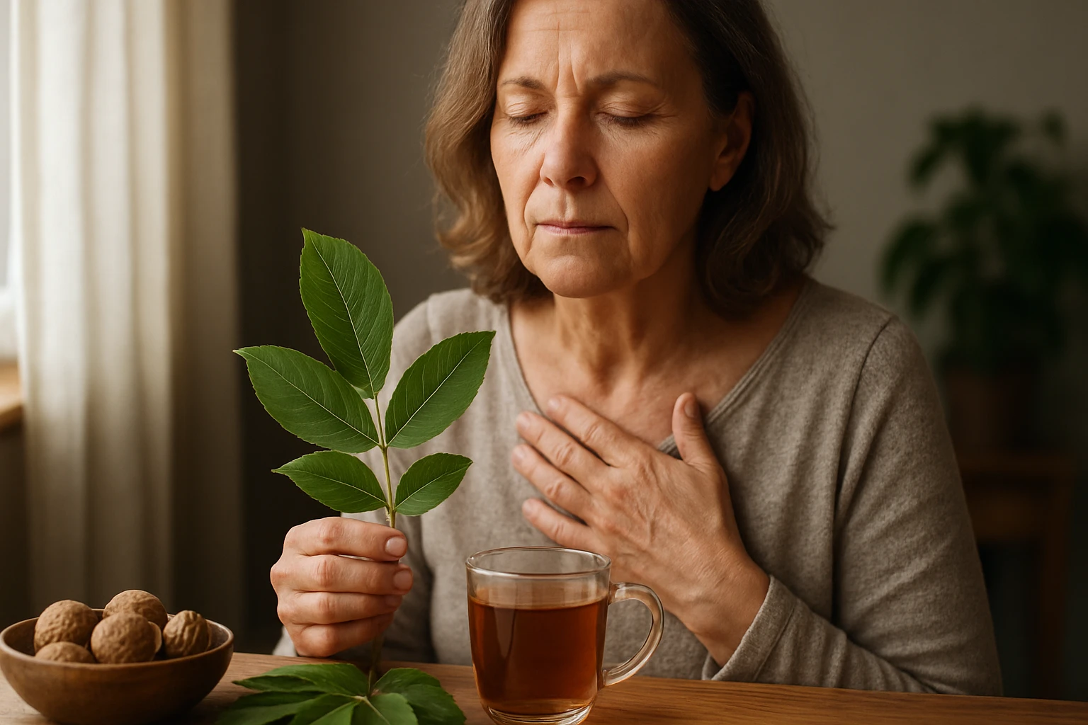 Žena s orechovým listom a čajom, užívajúca liečivé účinky orechových listov.