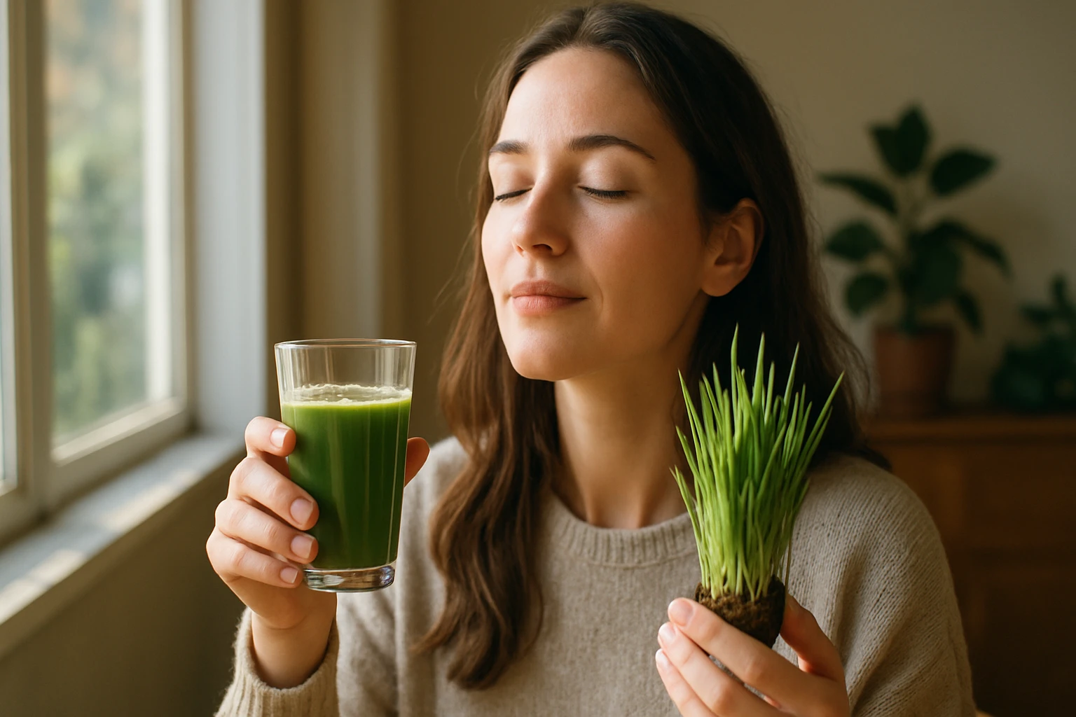 Žena vychutnáva jačmeňovú trávu v pohári a v ruke drží rastlinku.