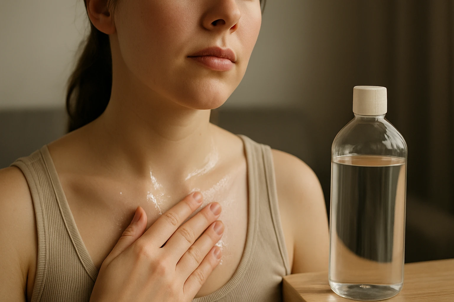 Žena s aplikovaným minerálnym olejom na pokožku krku a dekoltu.