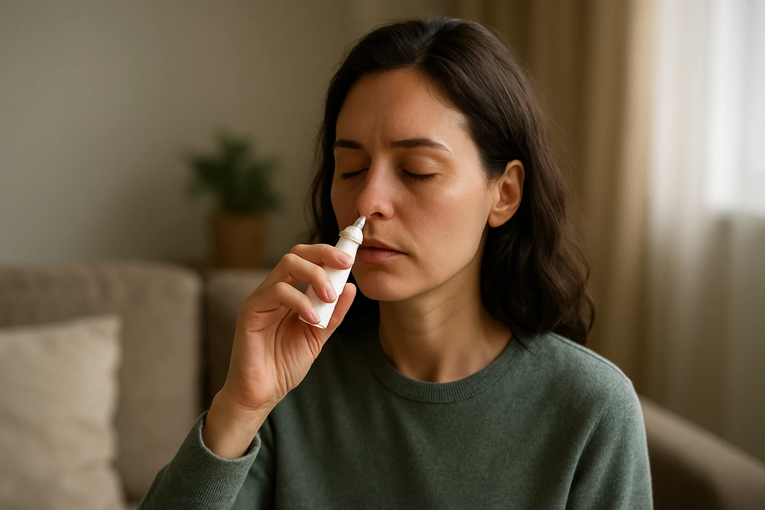 Žena používa nosový sprej s mometazónfuroátom na liečbu alergií.