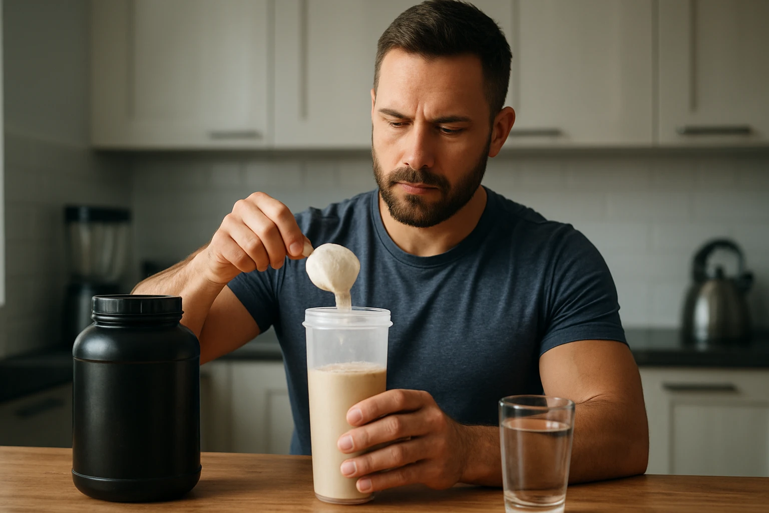 Muž pripravujúci proteínový koktail v kuchyni