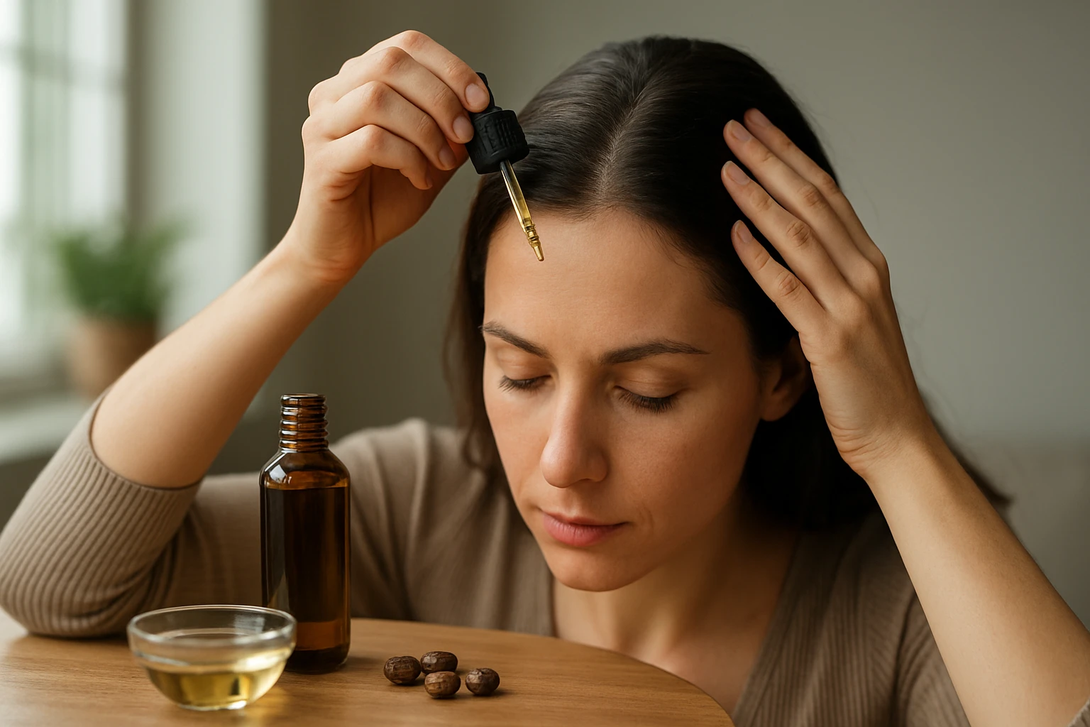 Žena aplikuje ricínový olej na vlasy pomocou pipety.