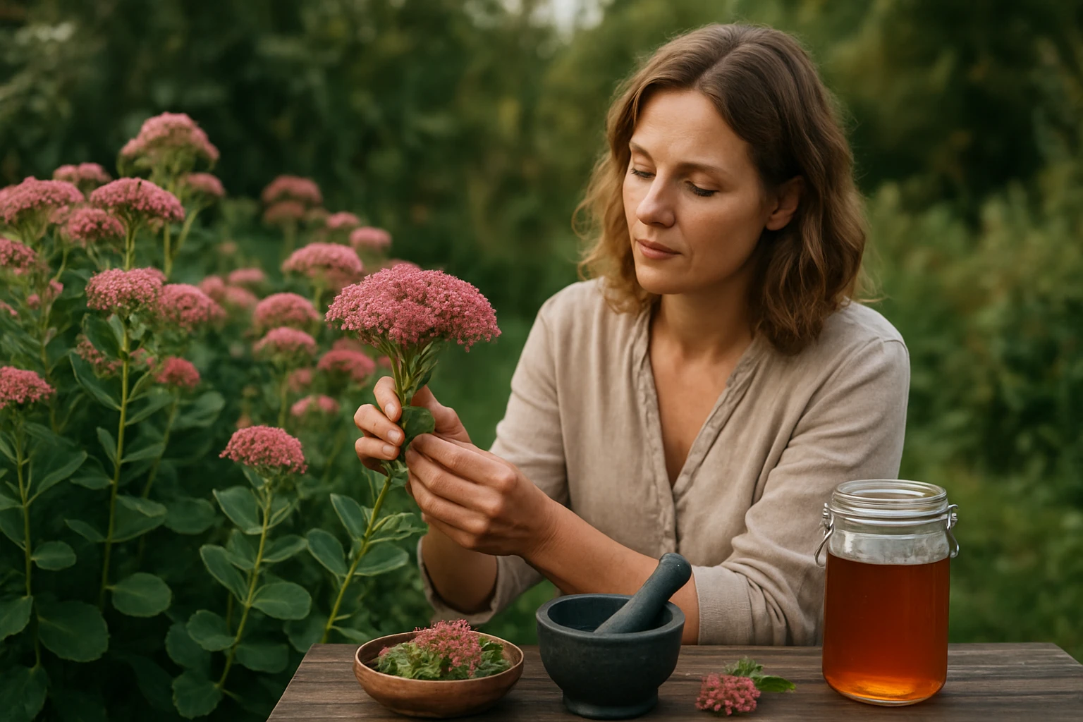 Žena zbiera skalnú ružu na liečebné účely v záhrade.