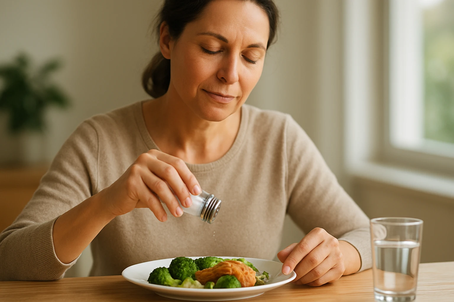 Žena posypáva soľ na talíř so zeleninou a sleduje jedlo.