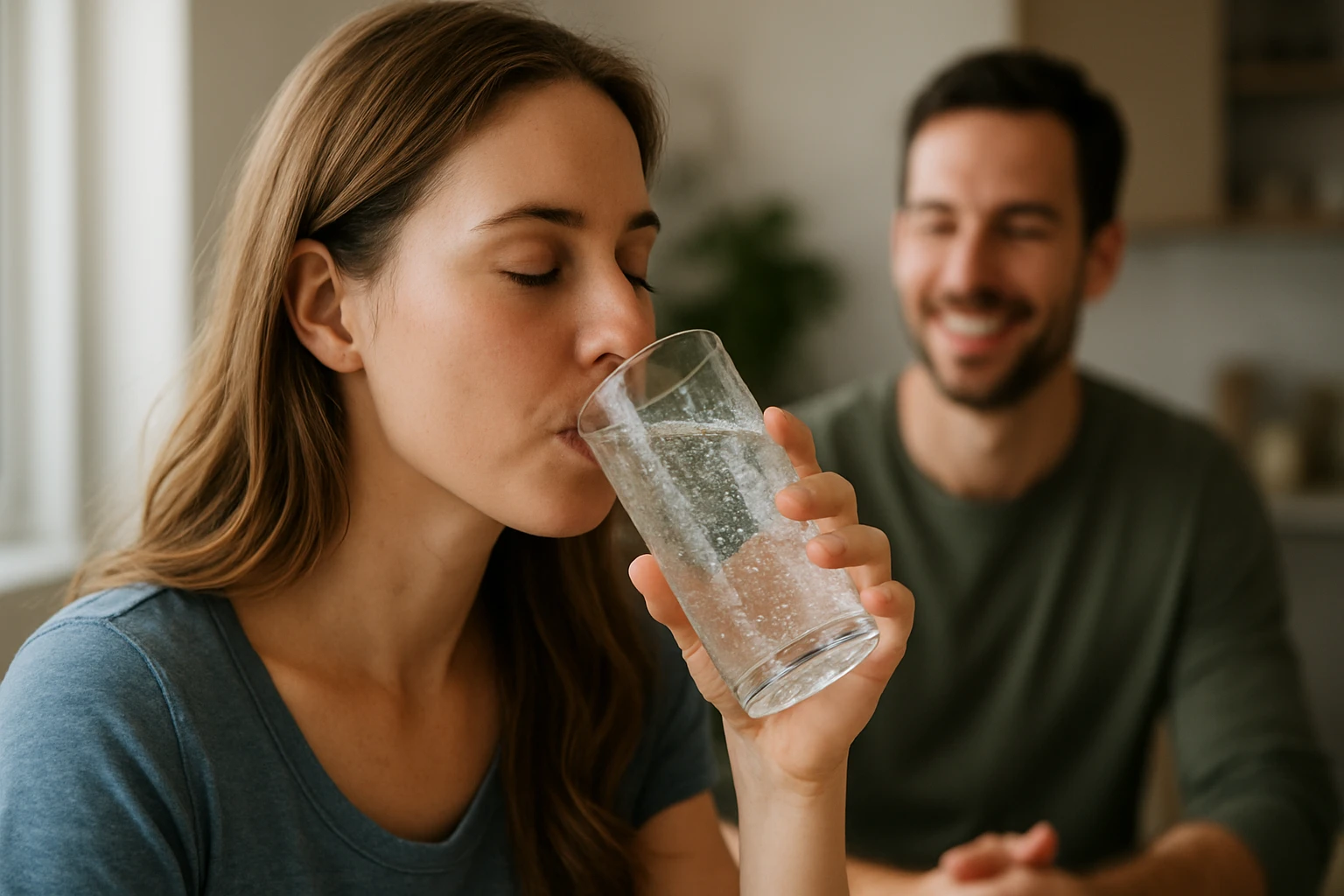 Žena pije sýtenú vodu pre hydratáciu a zdravie