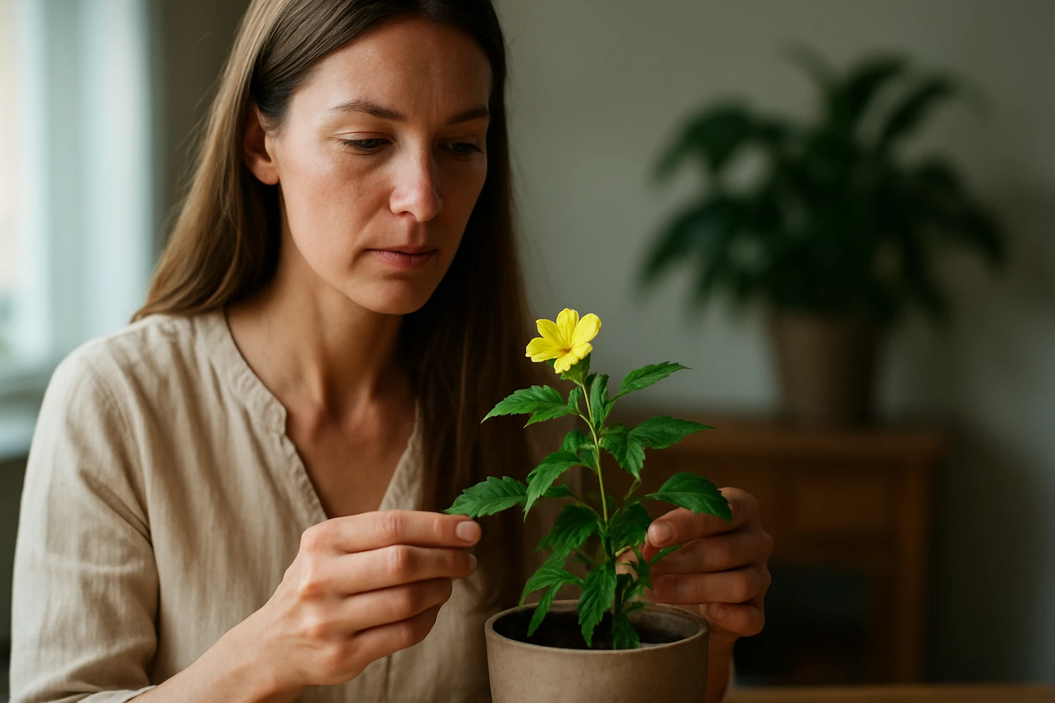 Žena sa stará o rastlinu Turnera diffusa so žltými kvetmi.