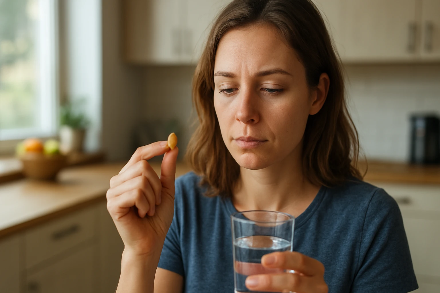 Žena drží vitamín B6 a pohár vody.