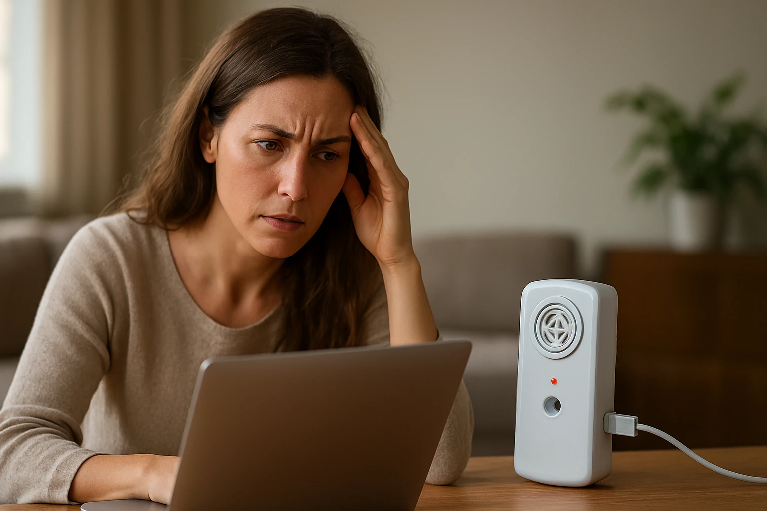 Žena vyzerajúca znepokojene pri ultrazvukovom odpudzovači škodcov.