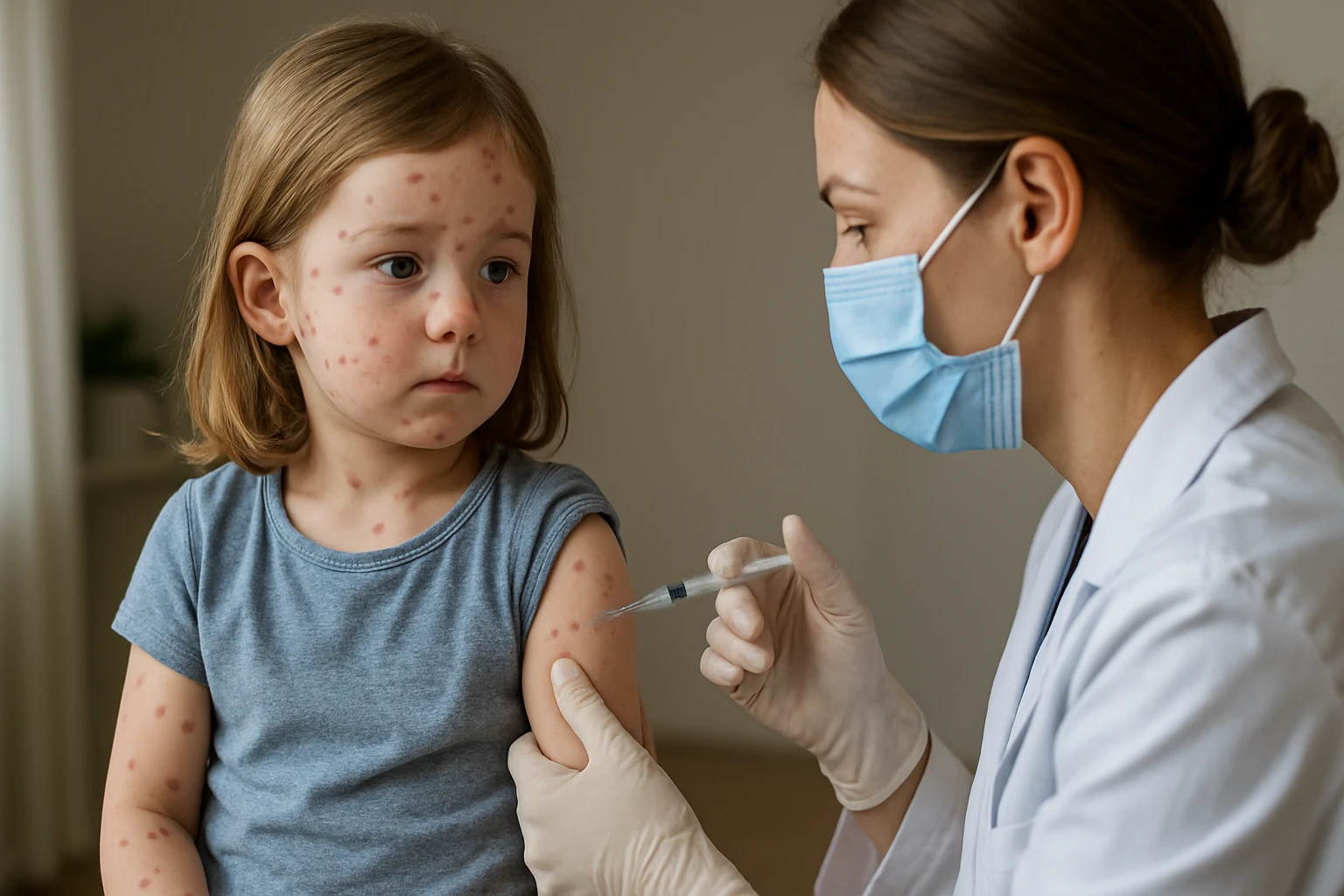 Dieťa s ovčími kiahňami dostáva vakcínu od lekára.