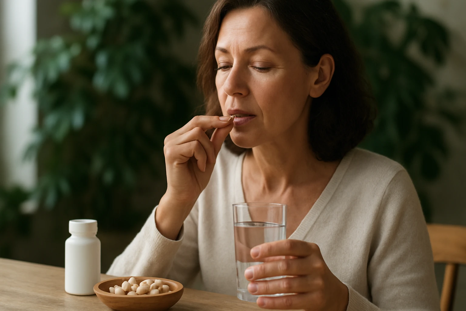 Žena prijíma doplnok s diosgenínom na podporu zdravia.