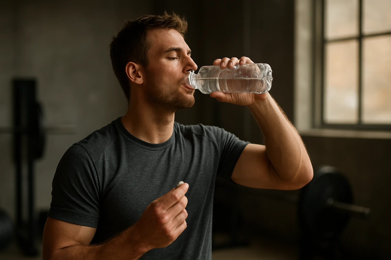 Muž pije vodu a pripravuje sa na cvičenie pre lepší športový výkon.