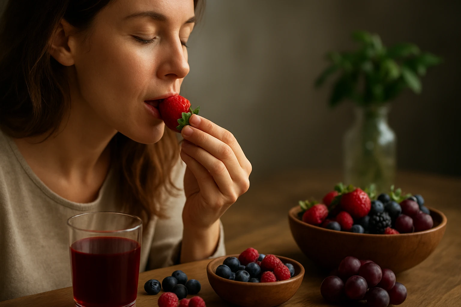 Žena si užíva jahodu a ovocie pre zdravotné výhody polyfenolov