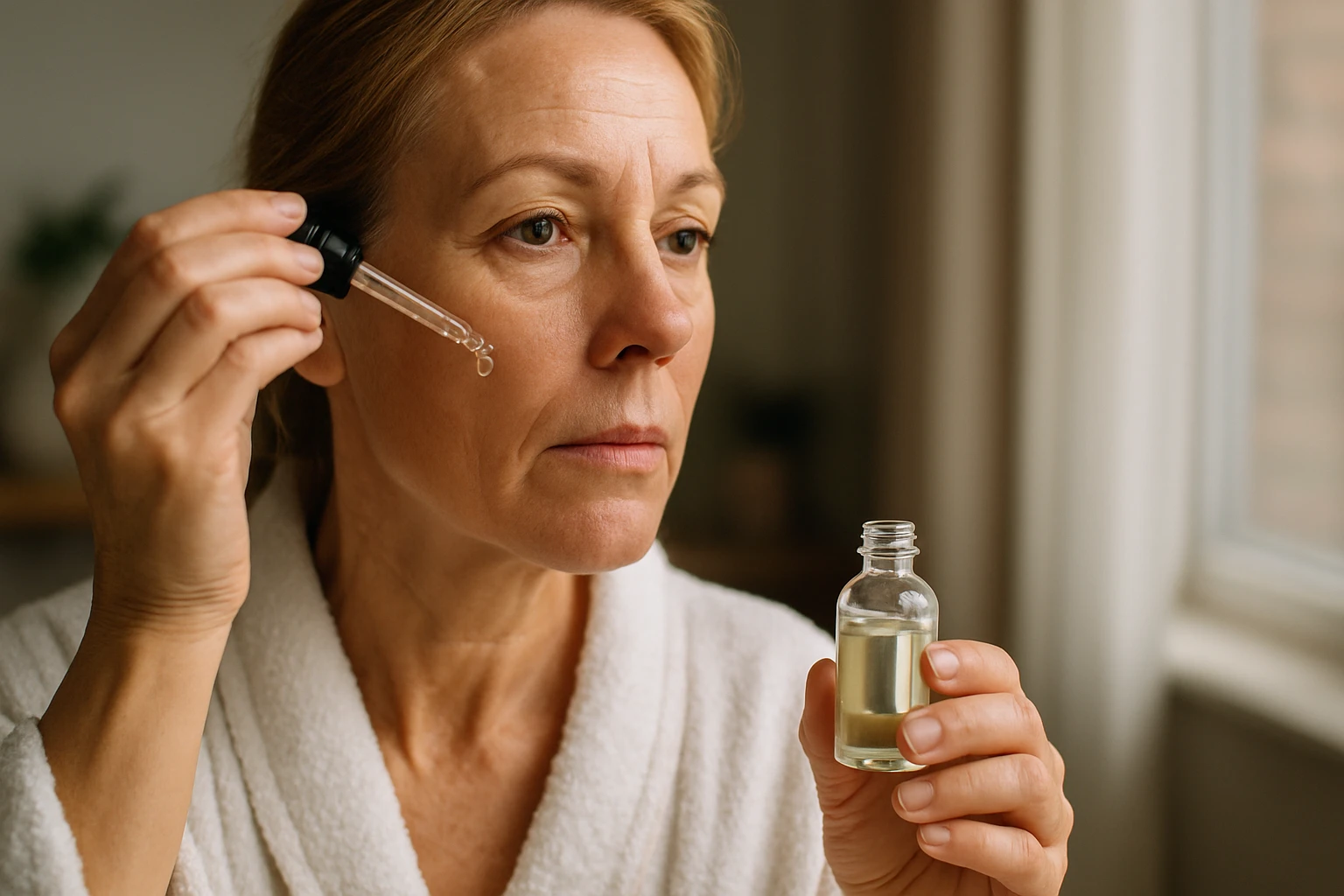 Žena aplikuje retinol na pleť, sedí v osvetlenej miestnosti.