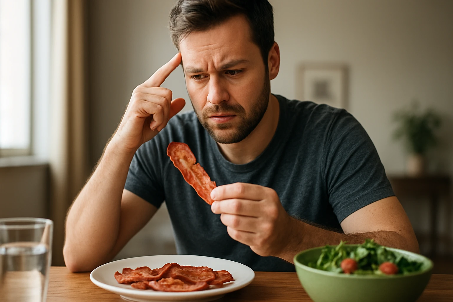 Muž premýšľa o účinkoch slaniny na zdravie pri jedle.
