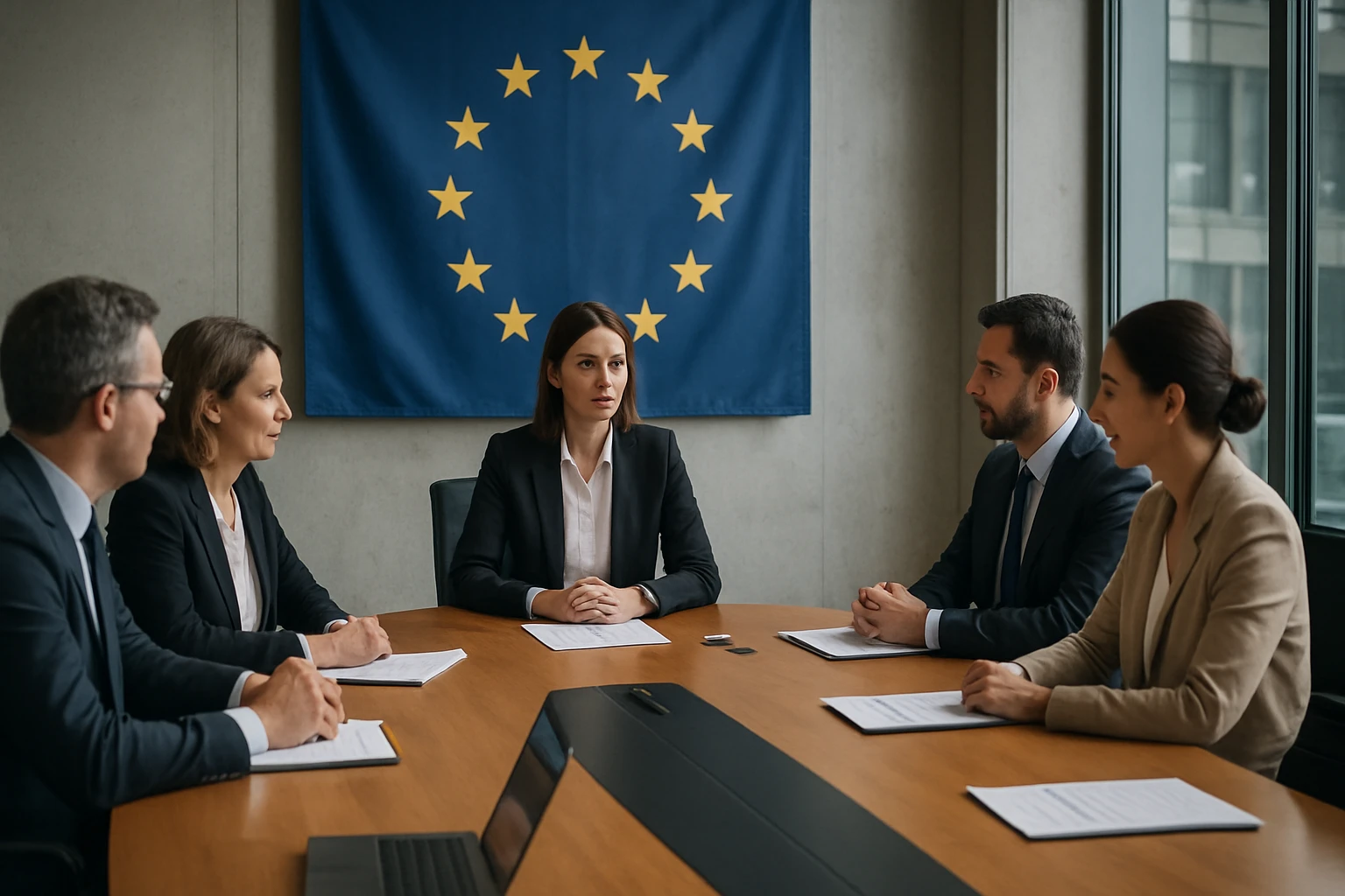 Schôdzka v inštitúciách Európskej únie s modrou vlajkou EÚ v pozadí.