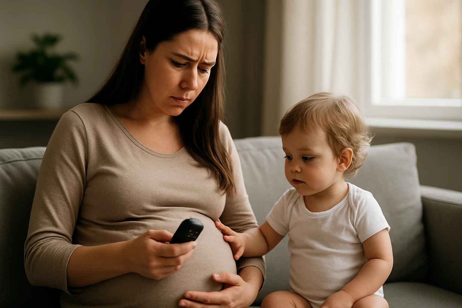 Tehotná matka s obavami a malé dieťa pri sledovaní zariadenia.