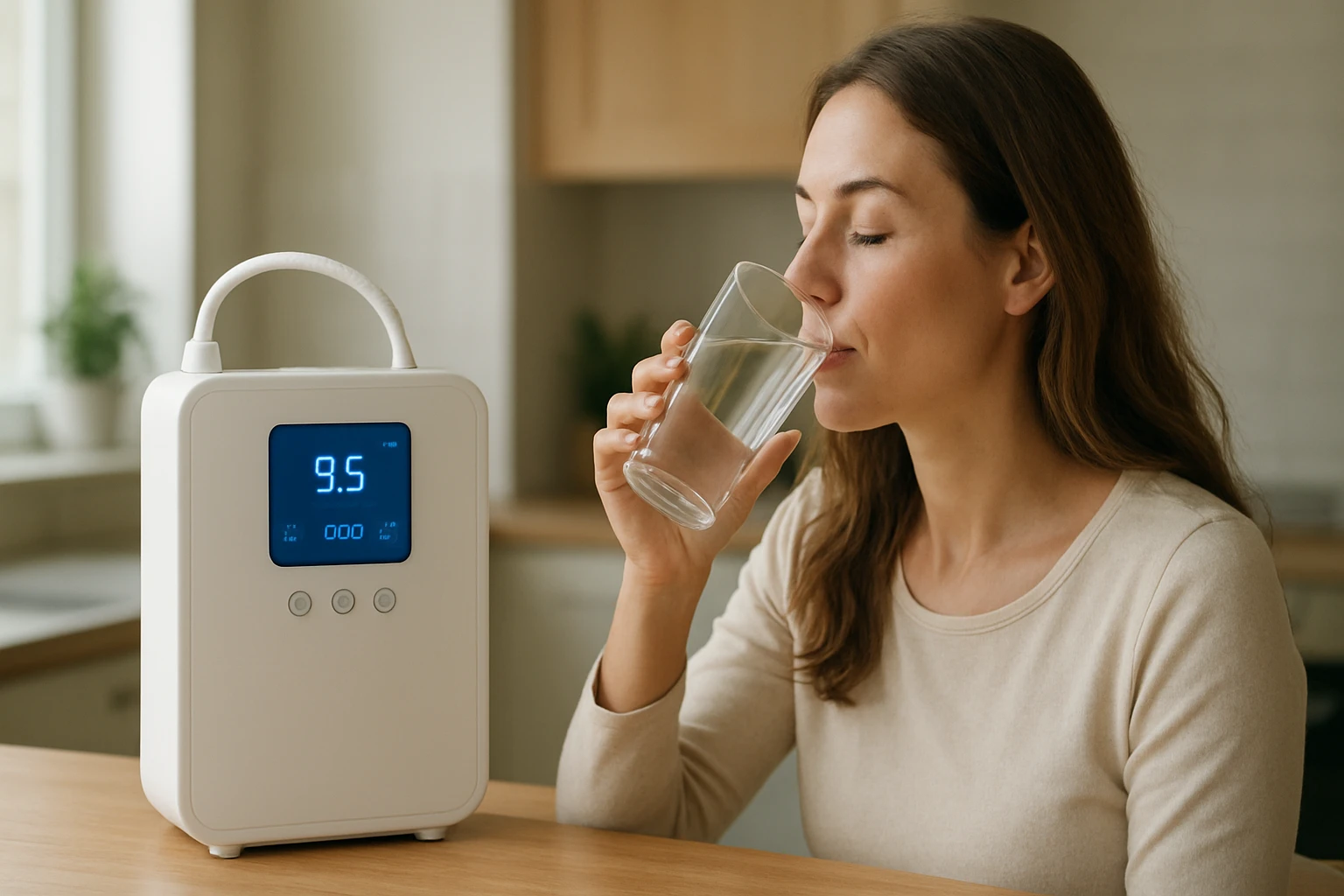 Žena pije ionizovanú vodu zo sklenenej fľaše pri ionizátore.