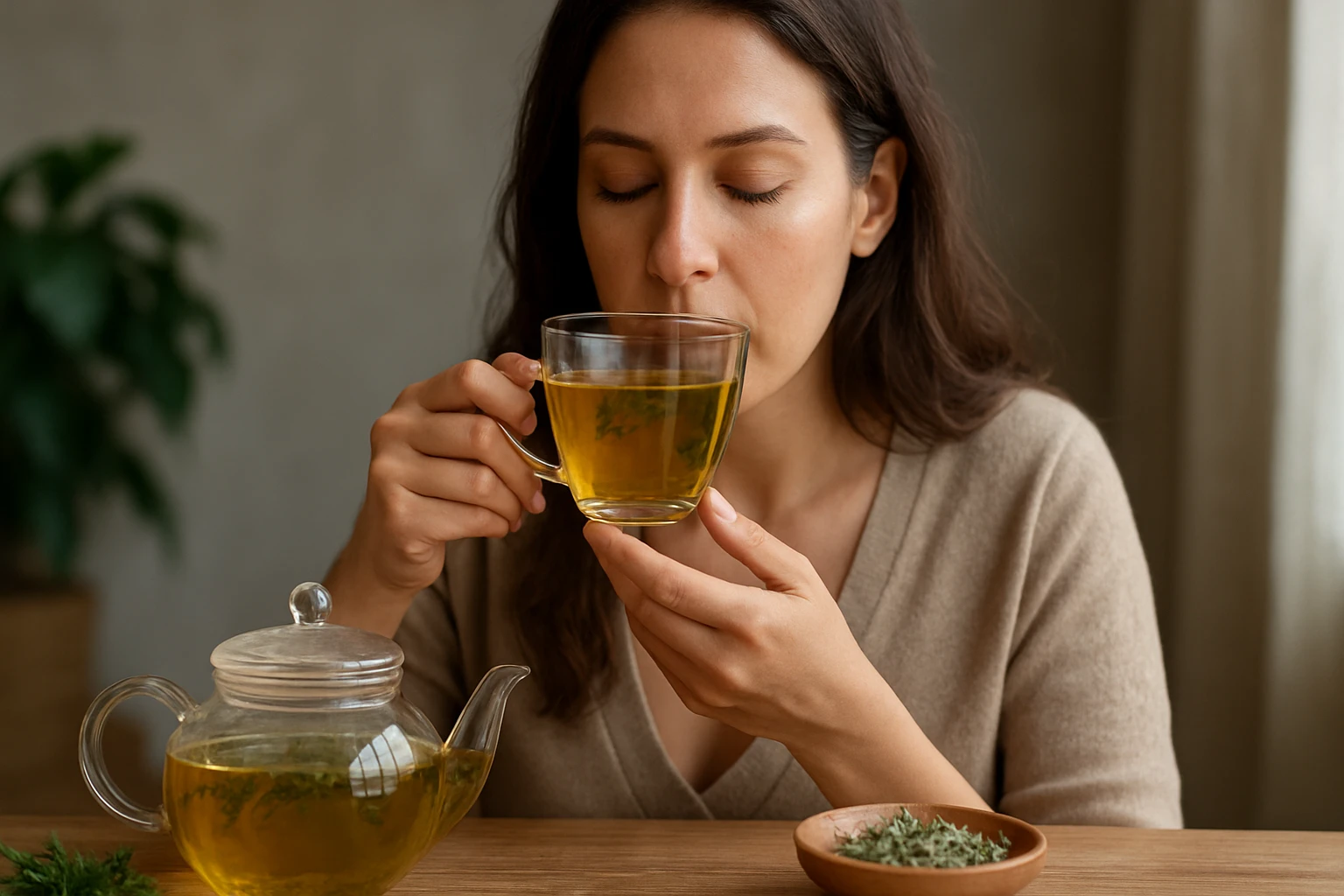 Žena vychutnáva bylinný čaj, ktorý podporuje detoxikáciu pečene.