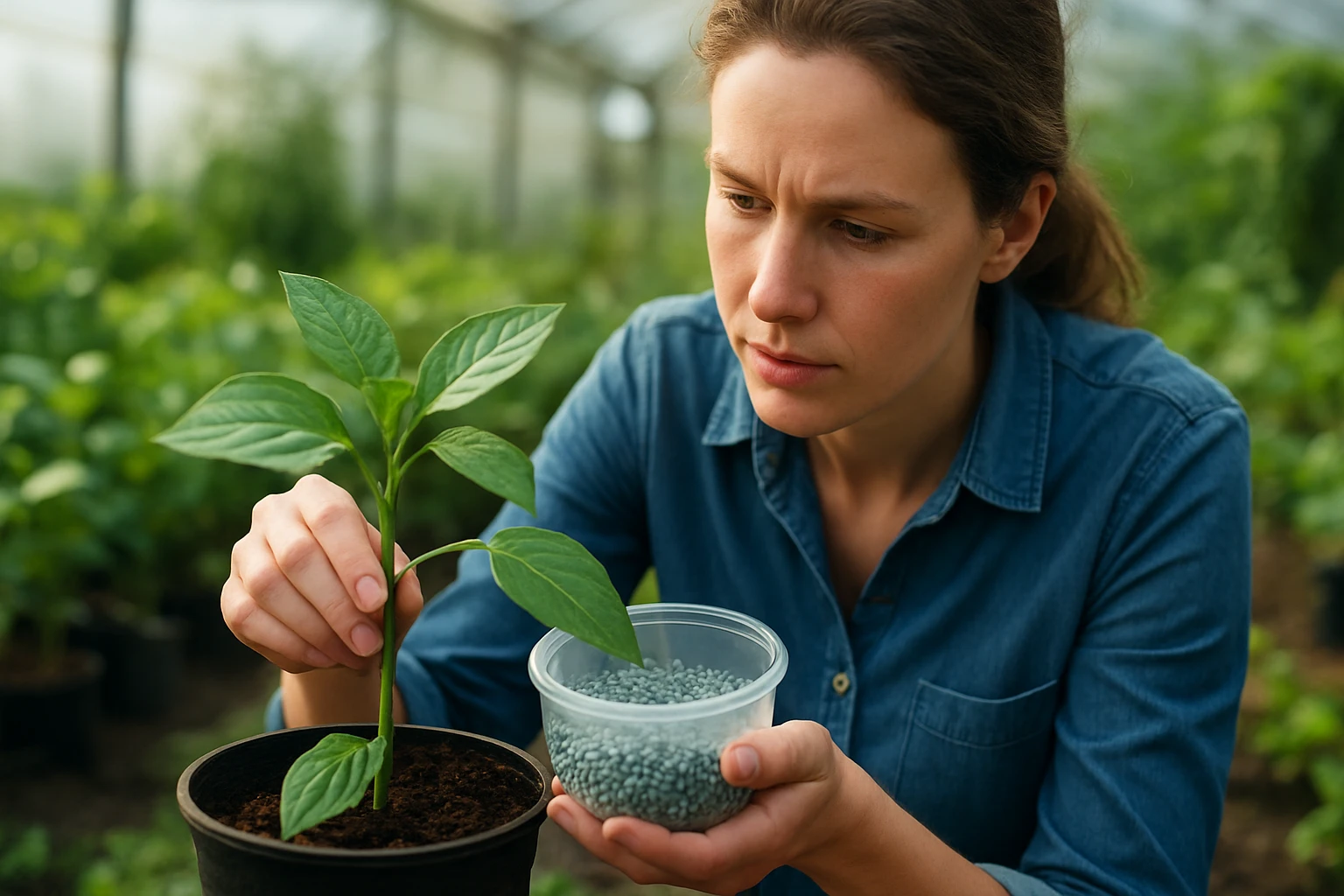 Žena hnoji rastlinu dusíkom v skleníku