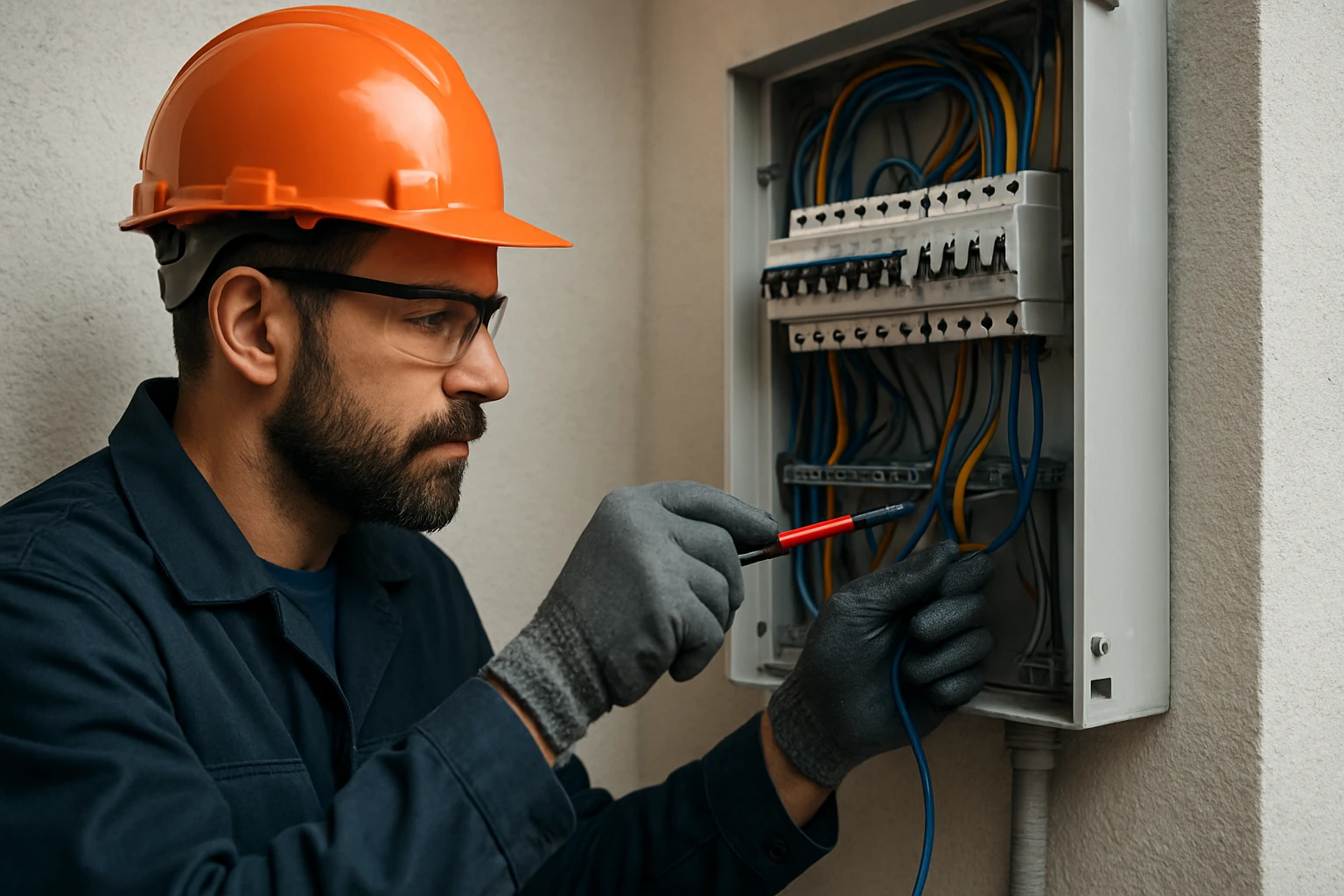 Electrician working on electrical panel with tools