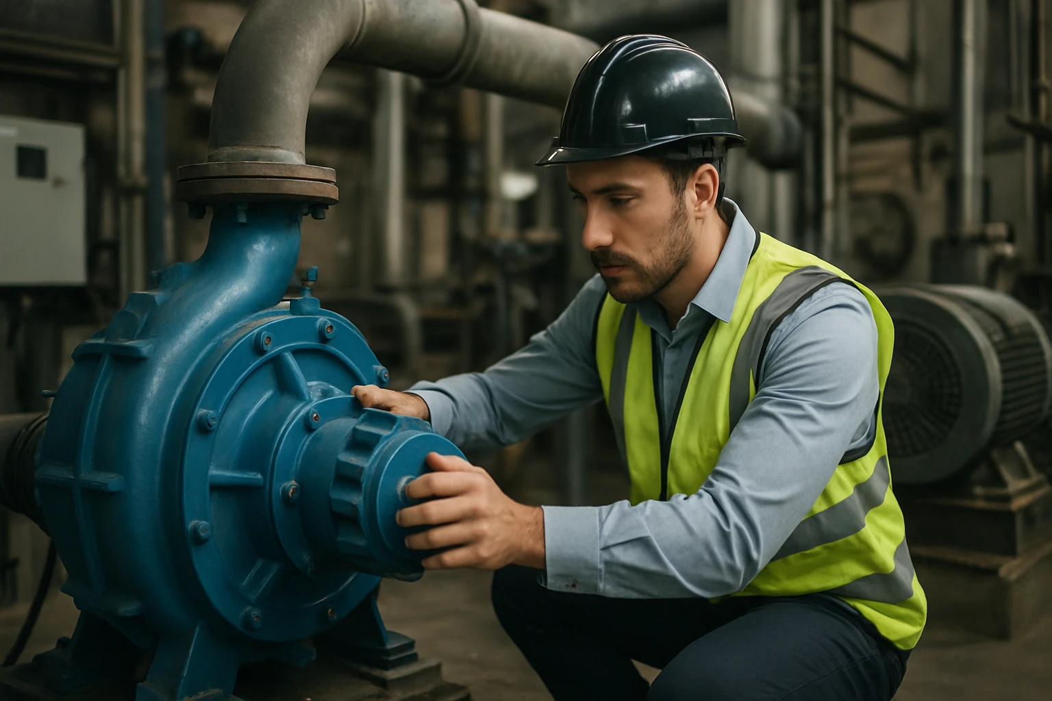 Technik kontroluje sekundárne vzduchové čerpadlo v priemyselnom prostredí.