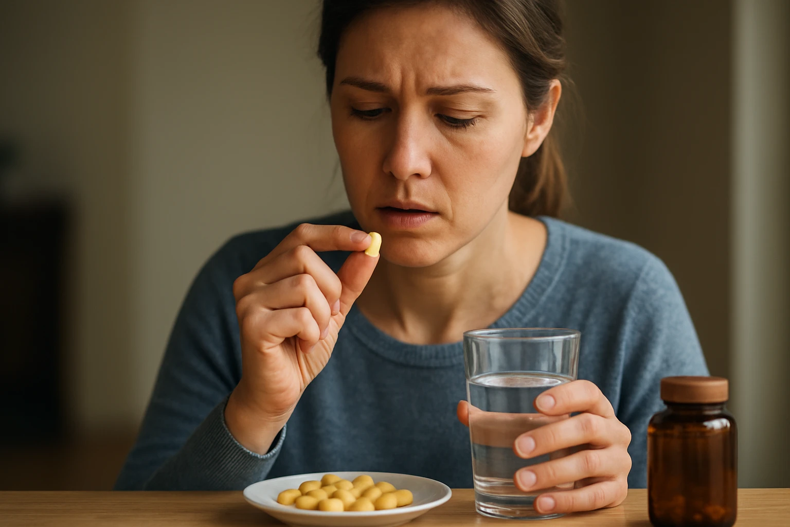 Žena zvažuje užitie vitamínu B1 so sklom vody.