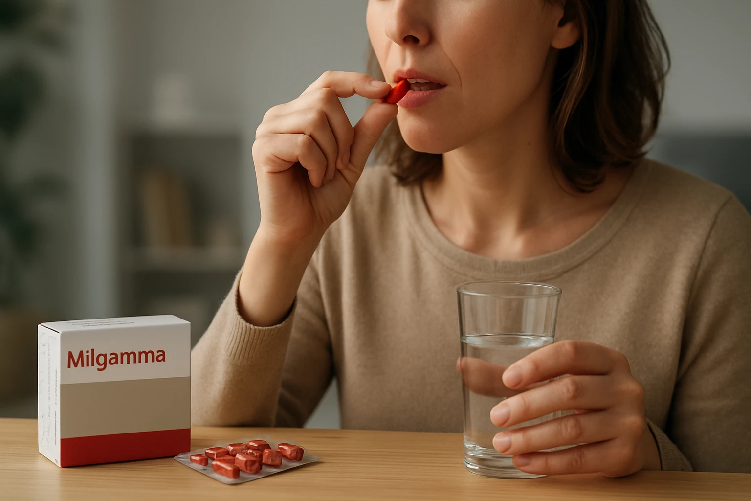 Žena užíva kapsuly Milgamma s pohárom vody.