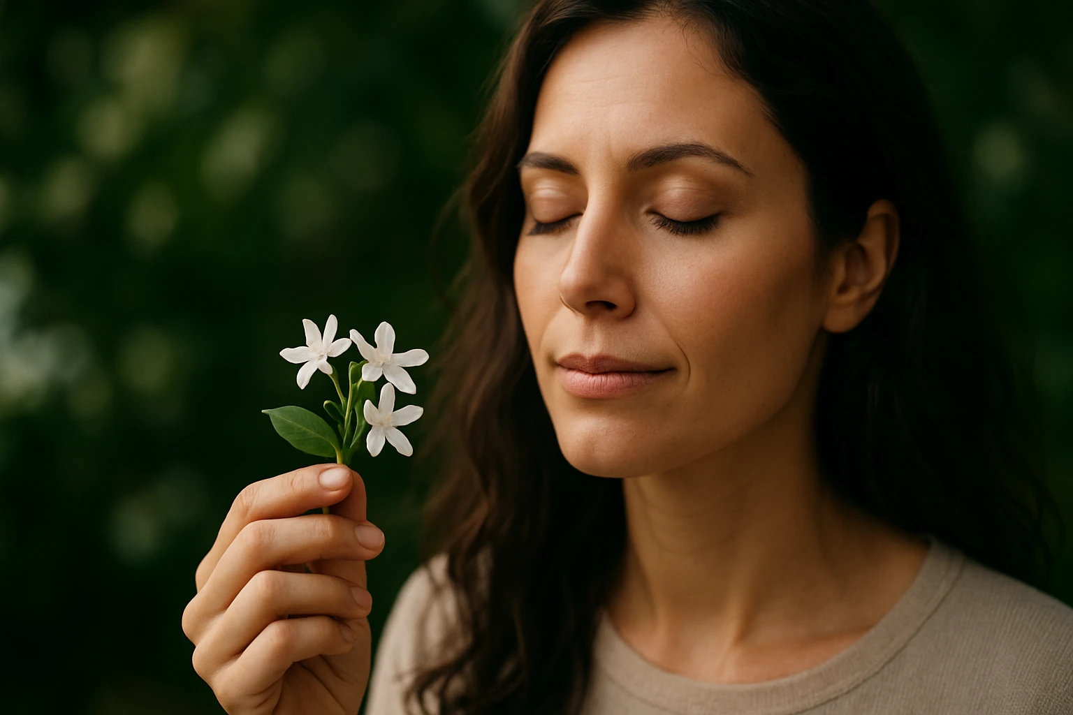 Žena s kvetmi jazmínu, vyžarujúca pokoj a energiu.