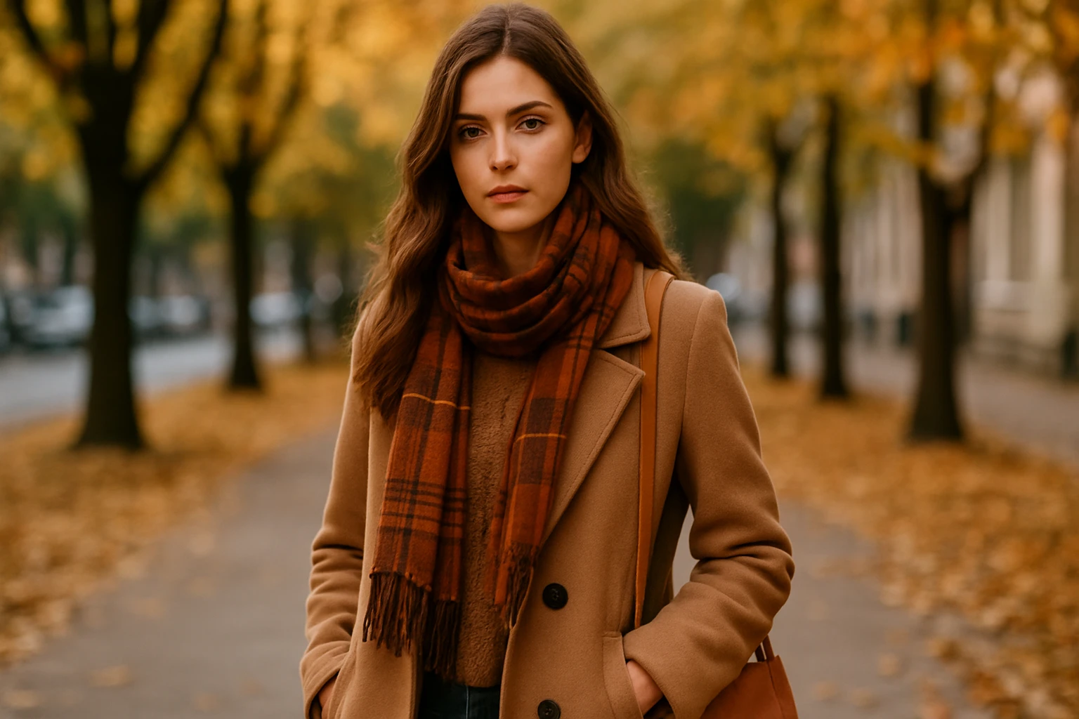 Mladá žena v jesennom kabáte s hnedým šálom na pozadí jesenného parku.