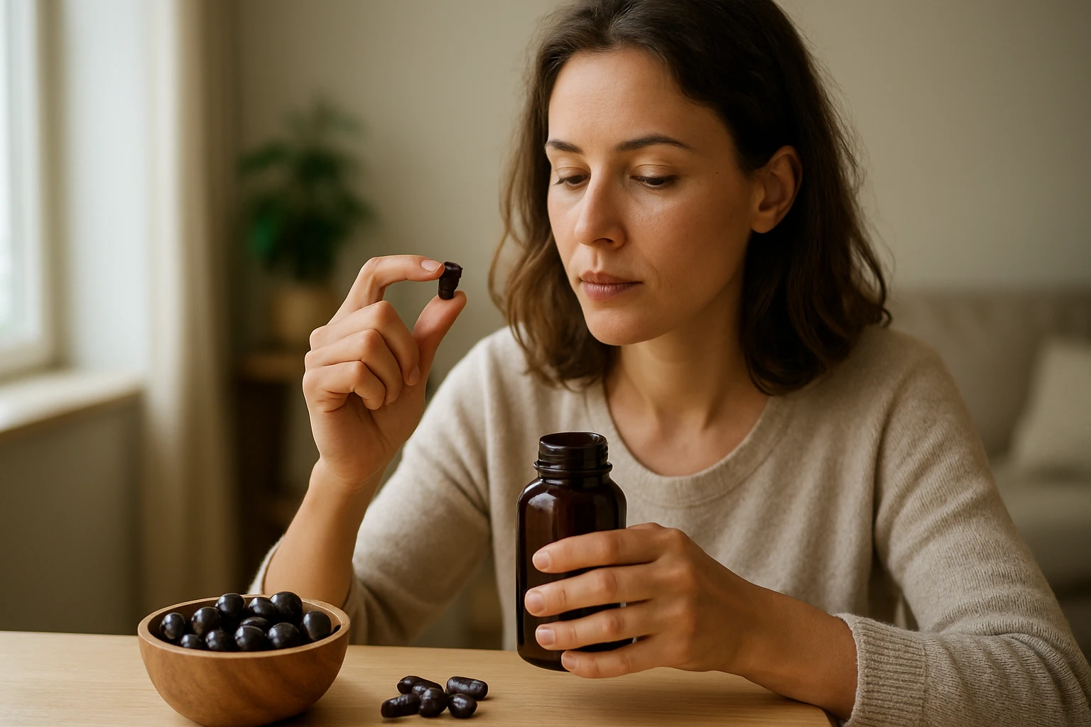 Žena užíva kapsulu z acai bobúľ, zdravý doplnok stravy.