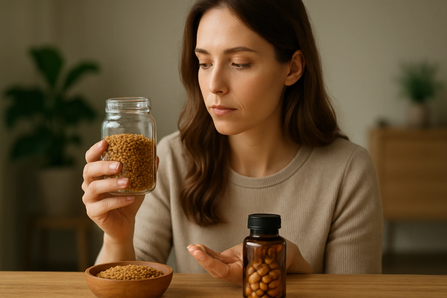 Žena skúma kapsuly a semienka pískavice na stole.