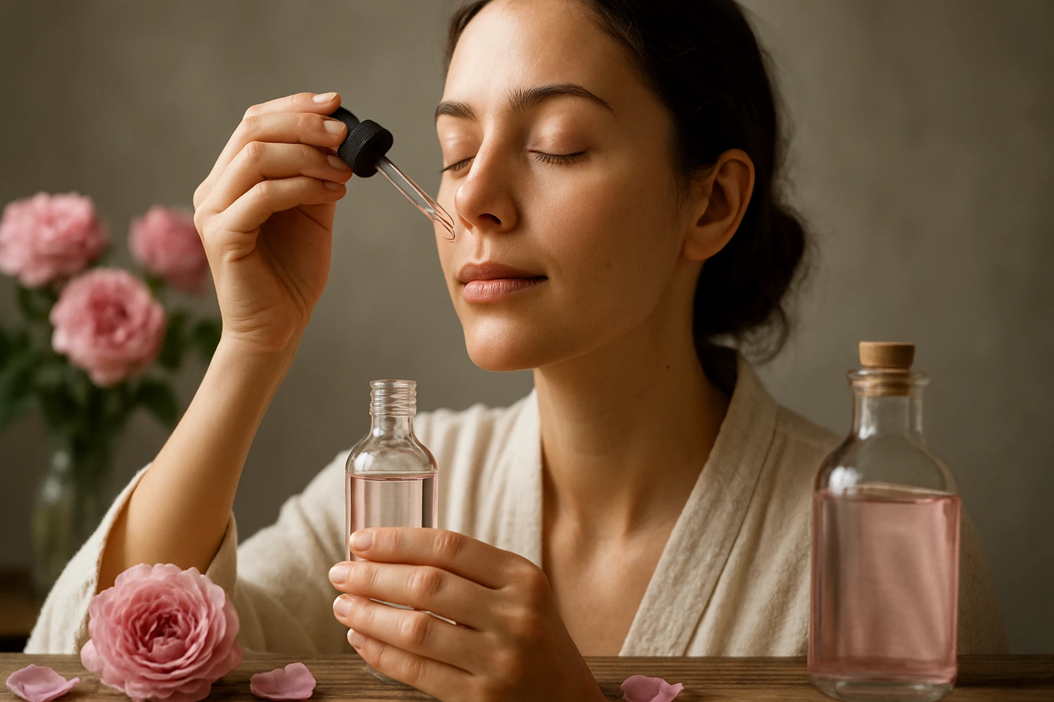Žena aplikujúca damascénsku ružovú vodu na pleť s ružami v pozadí.
