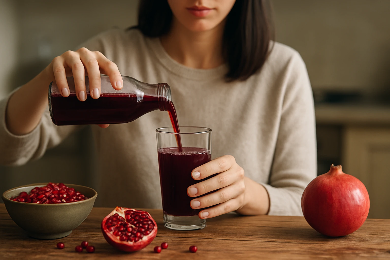 Žena nalieva koncentrát z granátového jablka do pohára.