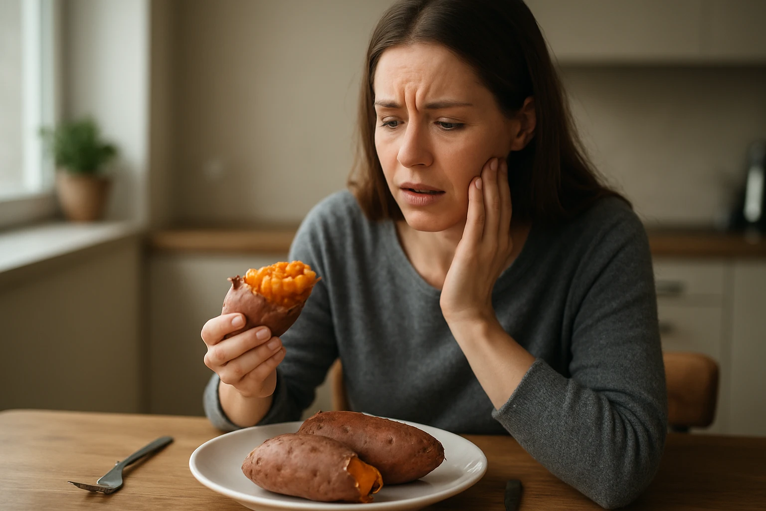 Žena trpí tráviacimi ťažkosťami pri konzumácii sladkých zemiakov.