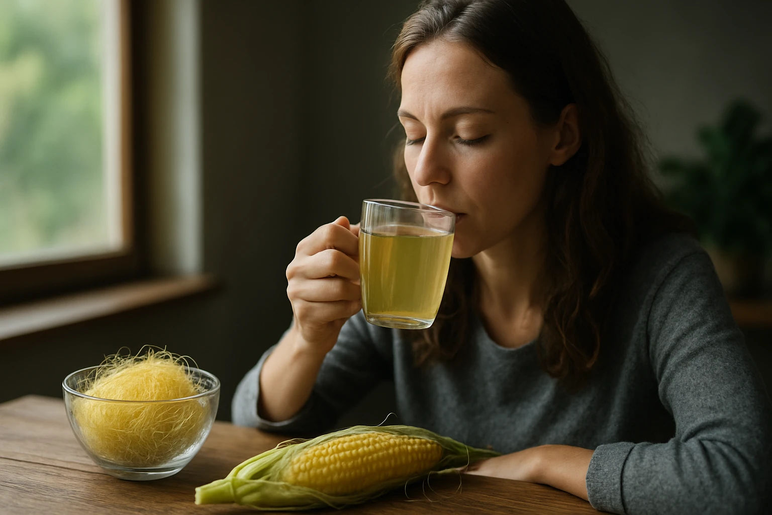 Žena vychutnáva čaj z kukuričných vlasov, vedľa kukurica a vlasy.
