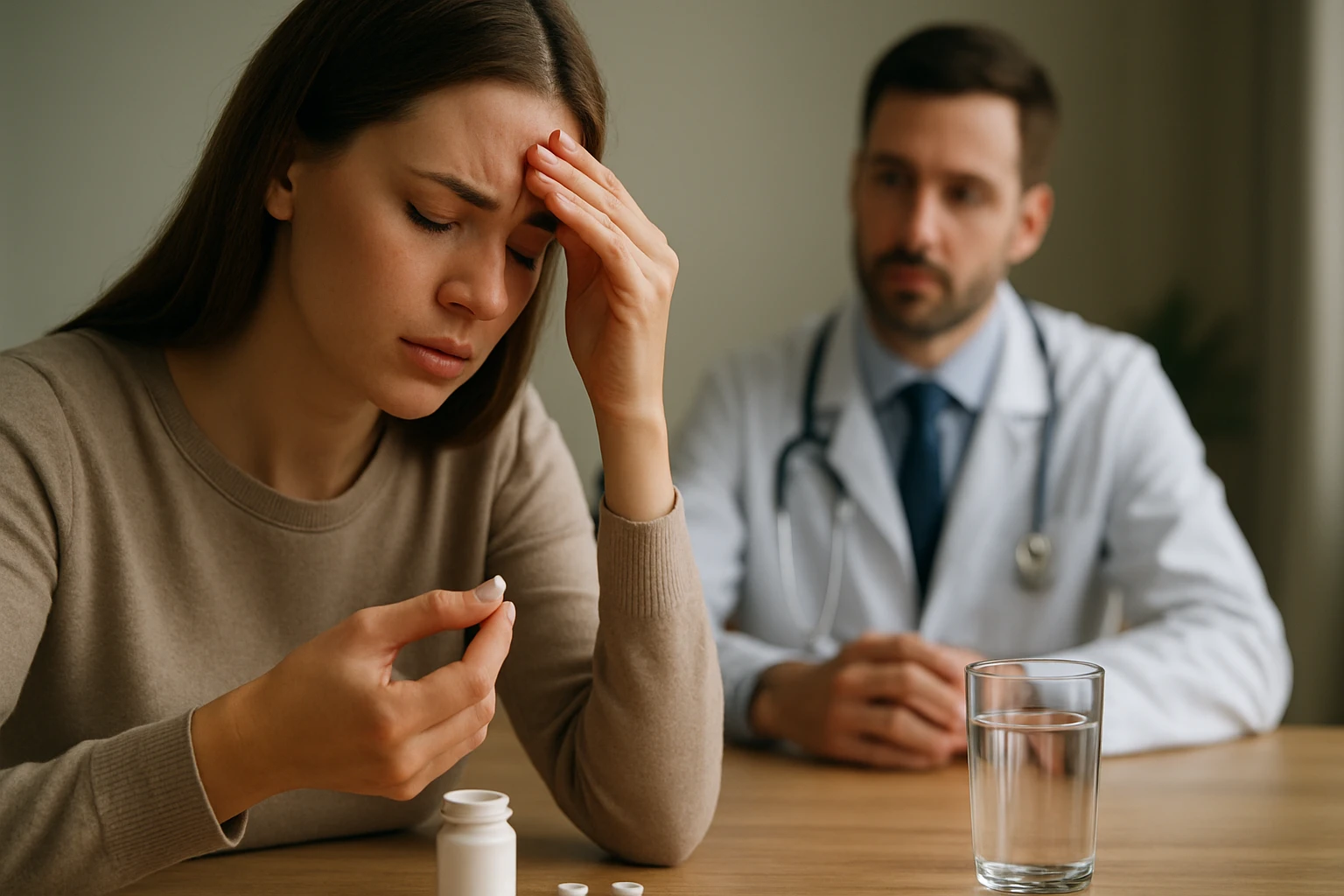 Žena s bolesťou hlavy a tabletou v prítomnosti lekára