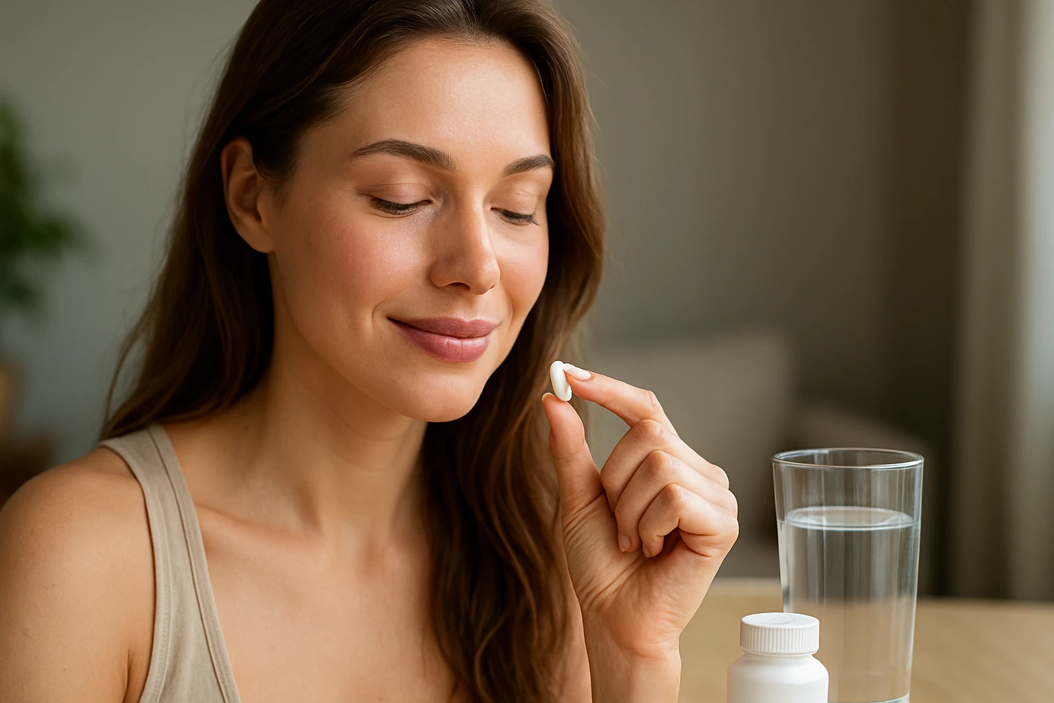 Žena sa pripravuje na užitie L-karnitínu pre zdravú pleť.