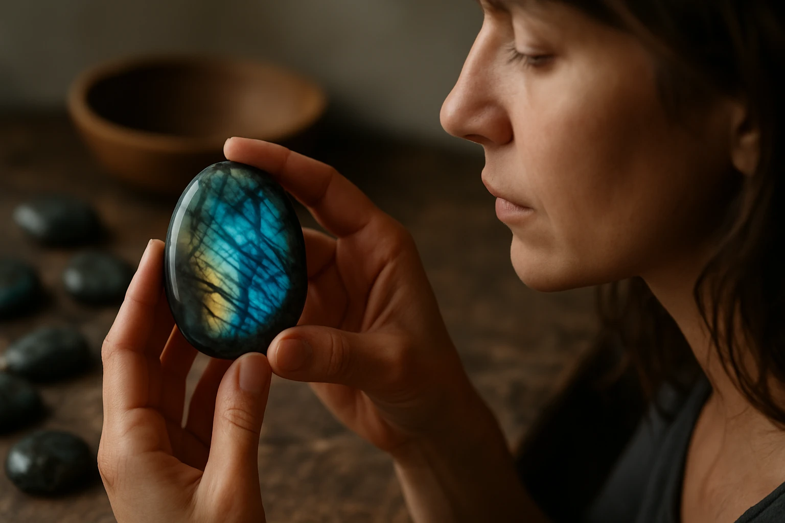 Žena skúma labradorit, magický drahokam s jedinečnými farbami