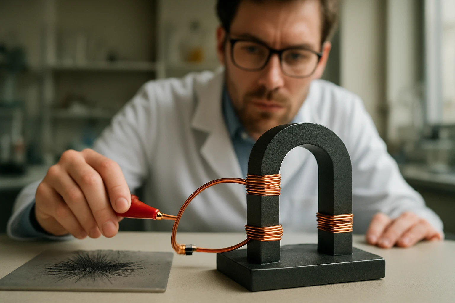 Vedec skúma magnetický účinok prúdu v laboratóriu.