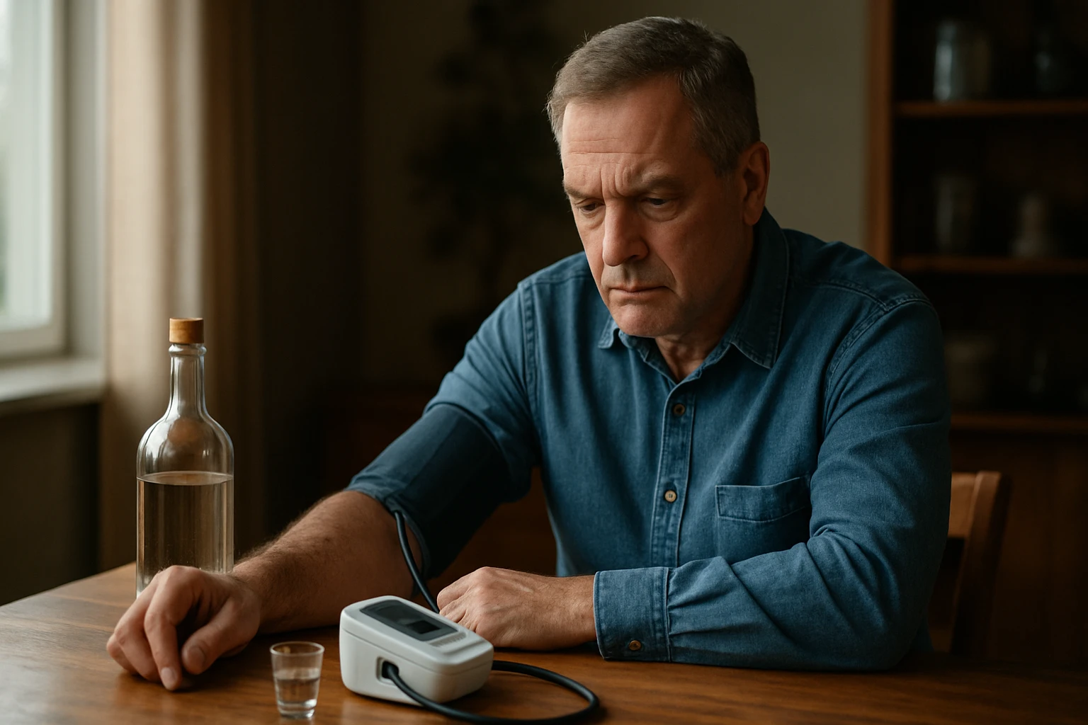 Muž merajúci krvný tlak so pohárom pálenky a vodou na stole.