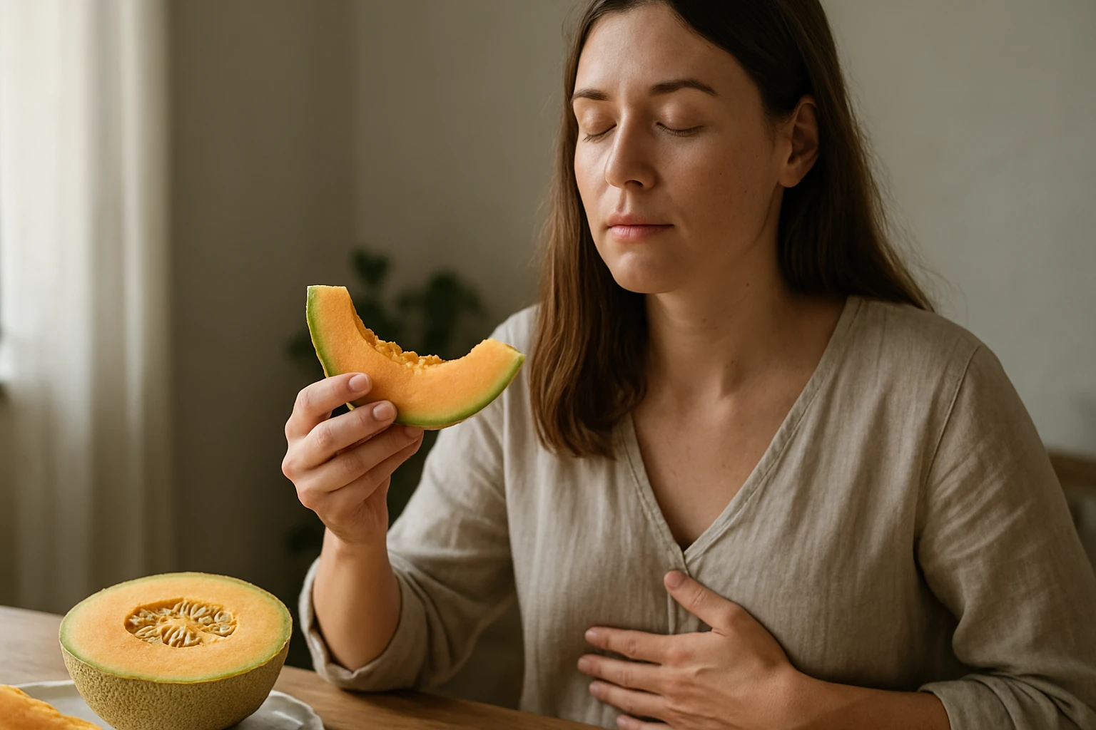 Žena drží plátok melónu a zamyslene sa usmieva.