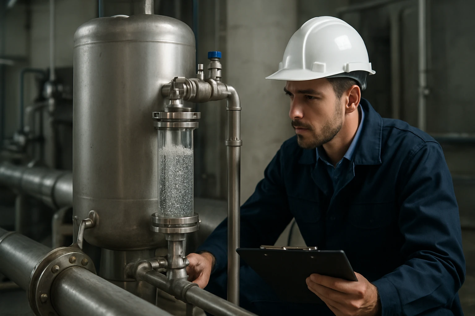 Technik kontroluje mikrobublinkový odlučovač v priemyselnom prostredí